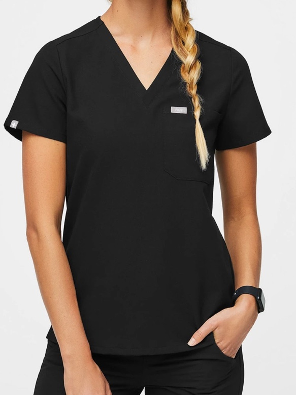 Figs Black V-Neck Scrub Top - Short Sleeve